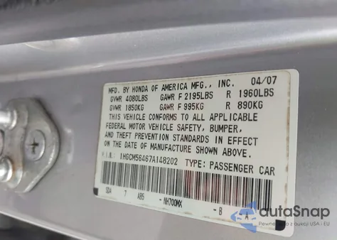 2007 Honda Accord 2.4 Lx z USA, uszkodzony, nr VIN 1HGCM56467A148202